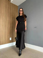Round Neck Cap Sleeve Sweater Dress - Charmdeals