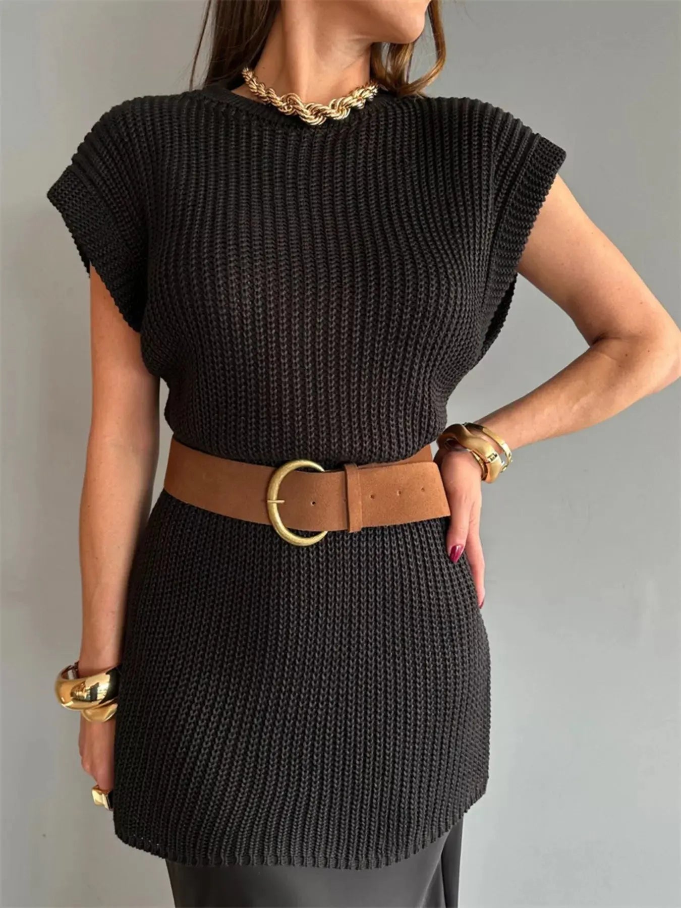 Round Neck Cap Sleeve Sweater Dress - Charmdeals