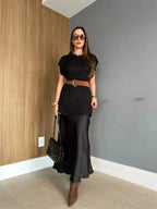Round Neck Cap Sleeve Sweater Dress - Charmdeals