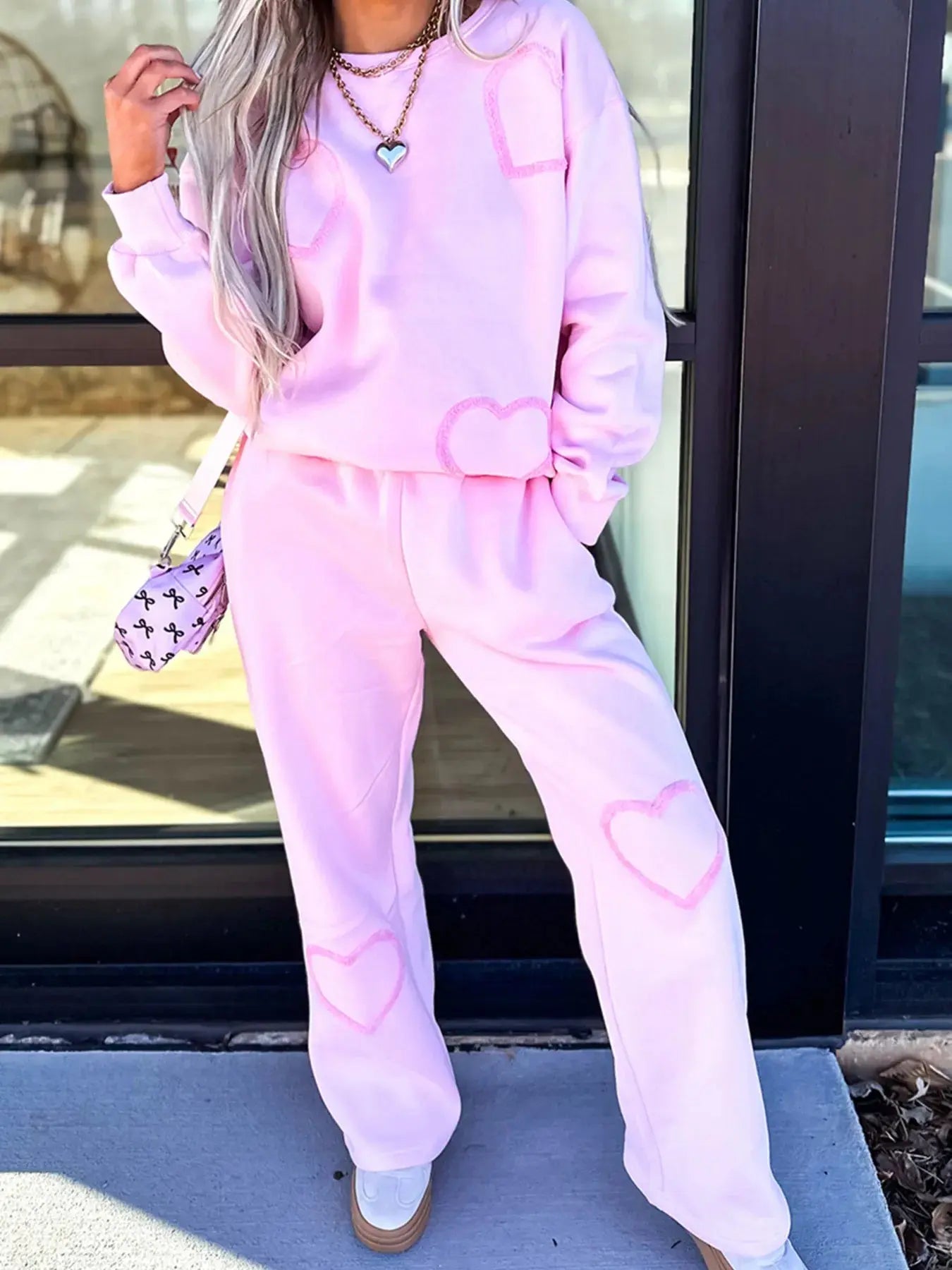 Round Neck Heart Top and Pants Set - Charmdeals