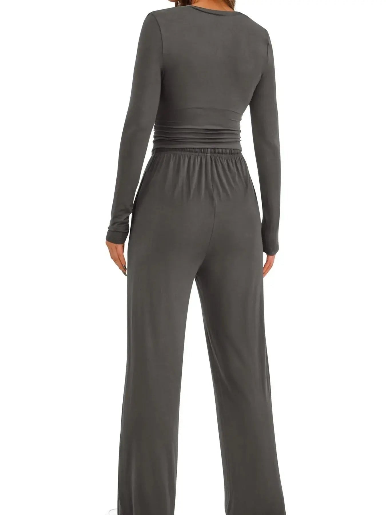 Round Neck Long Sleeve Top and Pants Set - Charmdeals