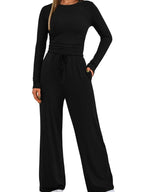 Round Neck Long Sleeve Top and Pants Set - Charmdeals