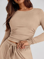 Round Neck Long Sleeve Top and Pants Set - Charmdeals