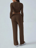 Round Neck Long Sleeve Top and Pants Set - Charmdeals