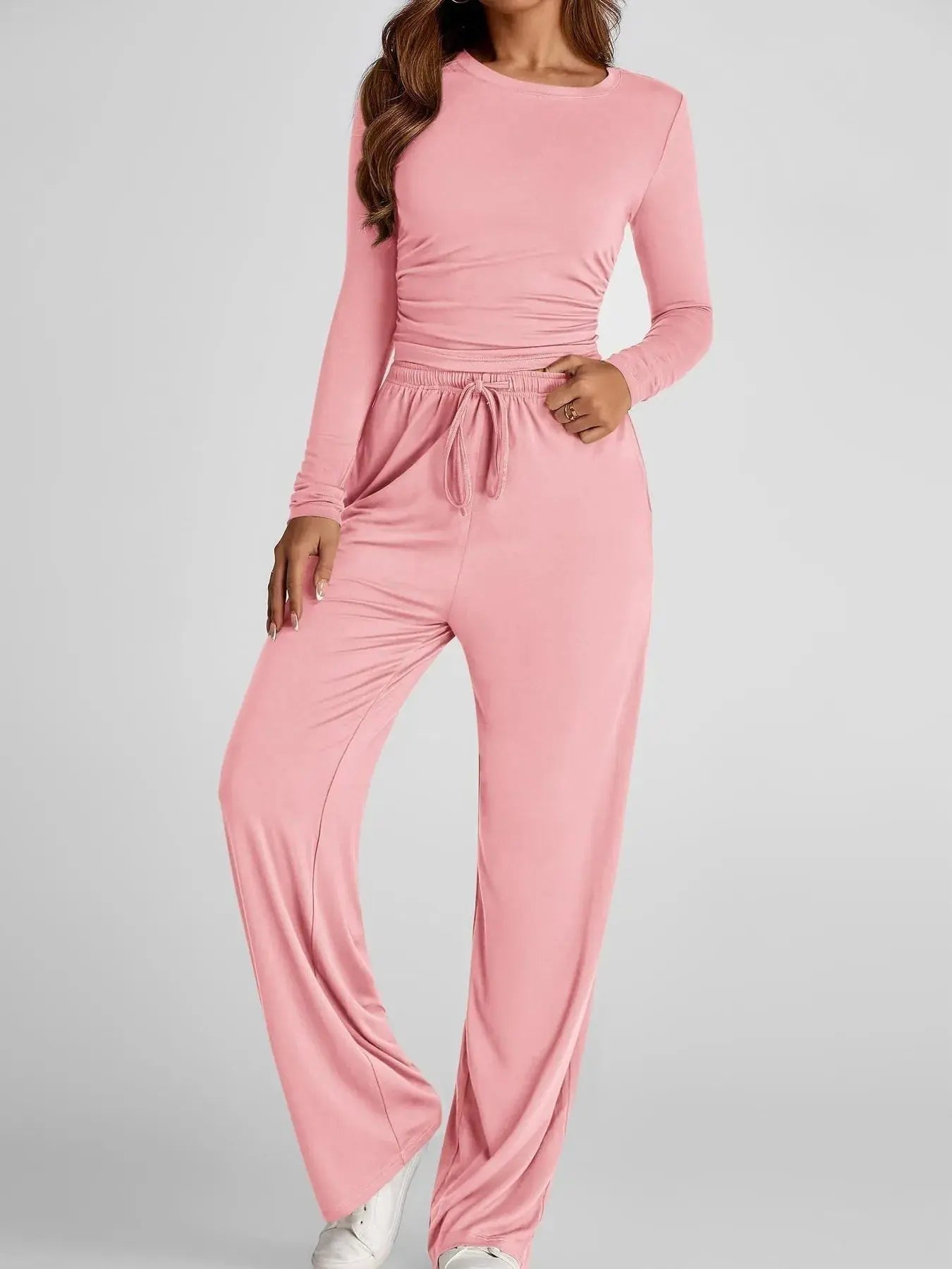 Round Neck Long Sleeve Top and Pants Set - Charmdeals