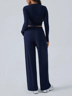 Round Neck Long Sleeve Top and Pants Set - Charmdeals