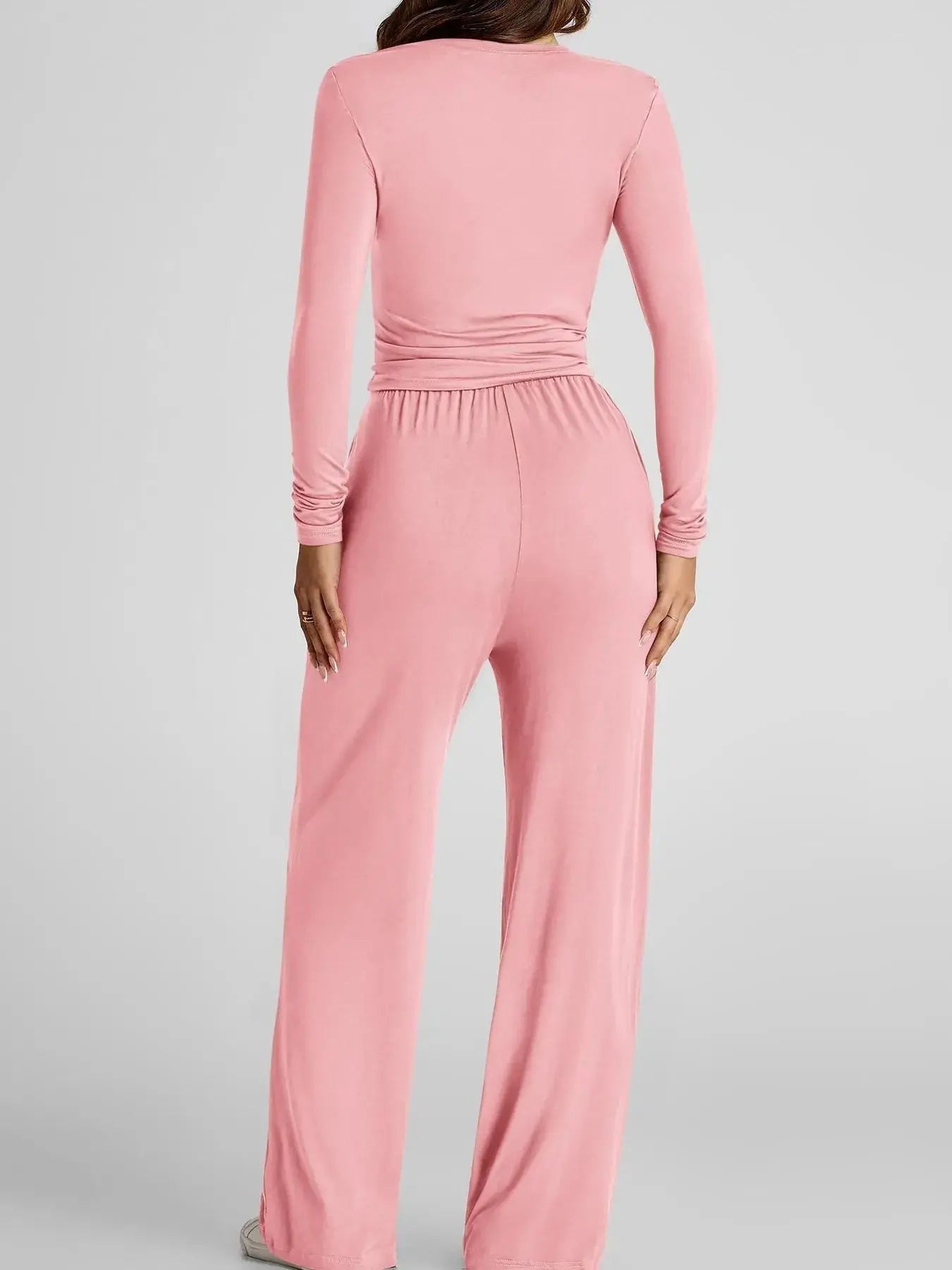 Round Neck Long Sleeve Top and Pants Set - Charmdeals