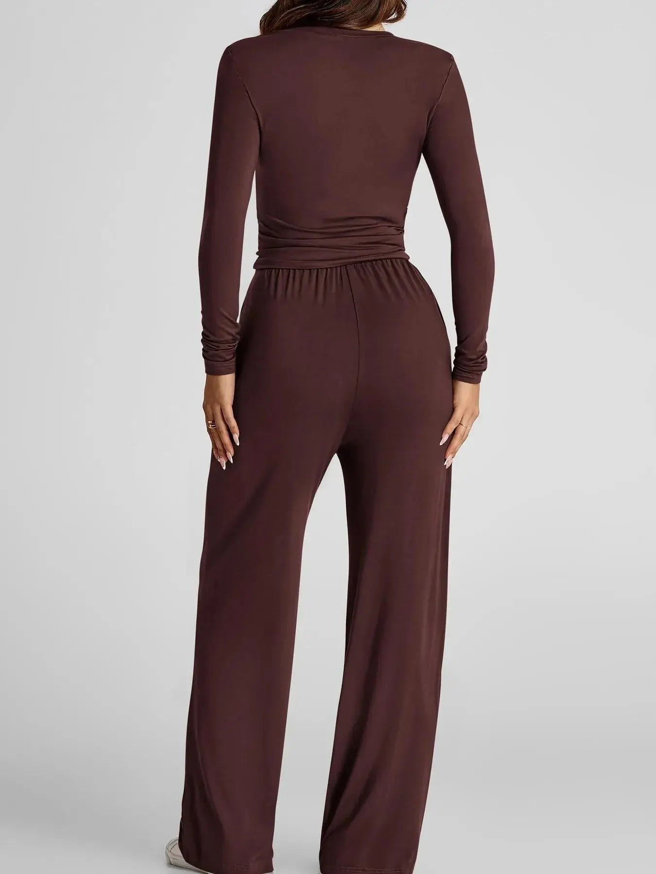 Round Neck Long Sleeve Top and Pants Set - Charmdeals