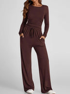 Round Neck Long Sleeve Top and Pants Set - Charmdeals