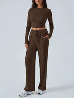 Round Neck Long Sleeve Top and Pants Set - Charmdeals