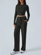Round Neck Long Sleeve Top and Pants Set - Charmdeals