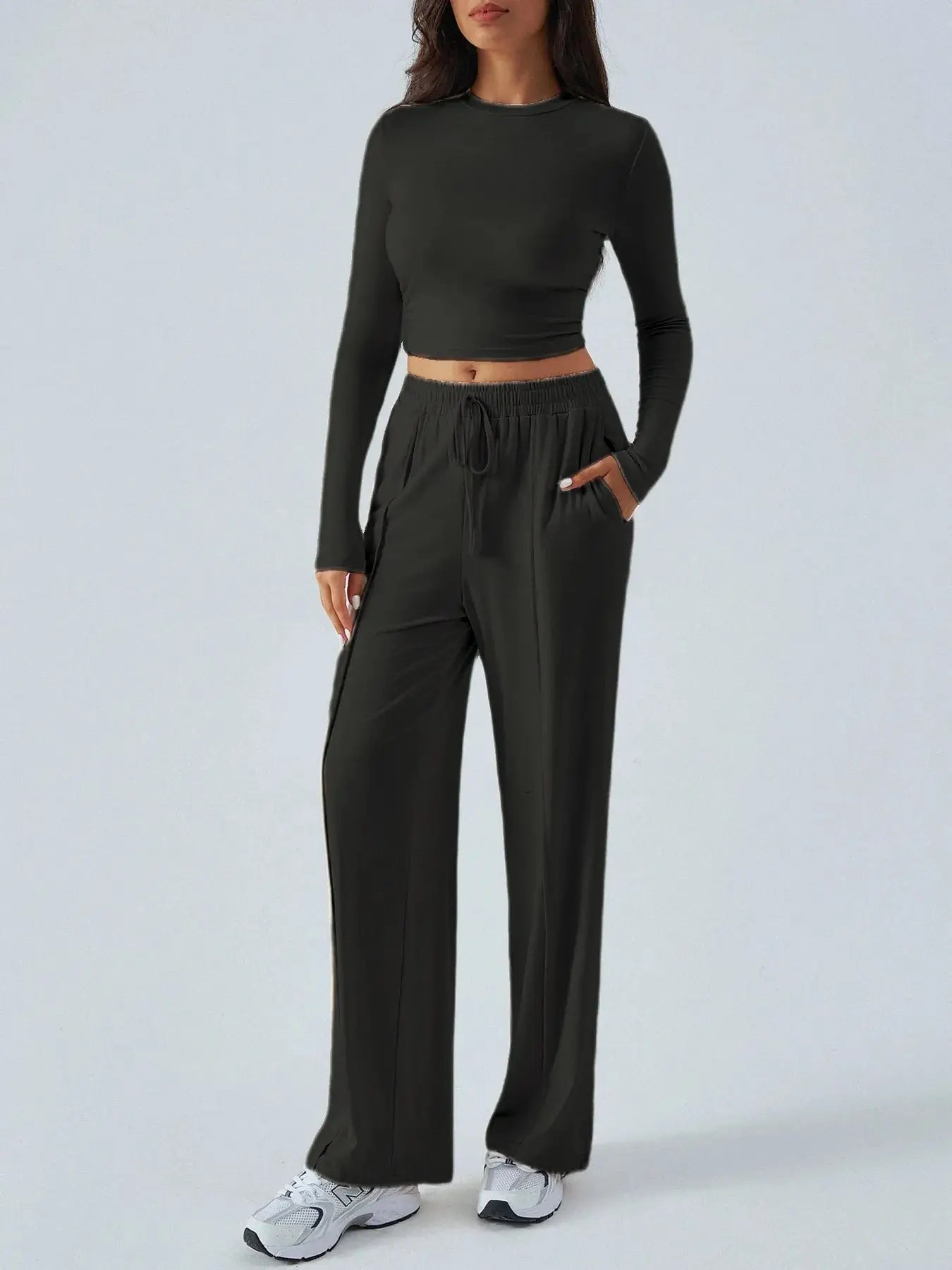 Round Neck Long Sleeve Top and Pants Set - Charmdeals