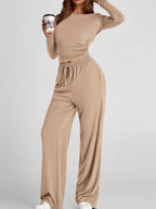 Round Neck Long Sleeve Top and Pants Set - Charmdeals