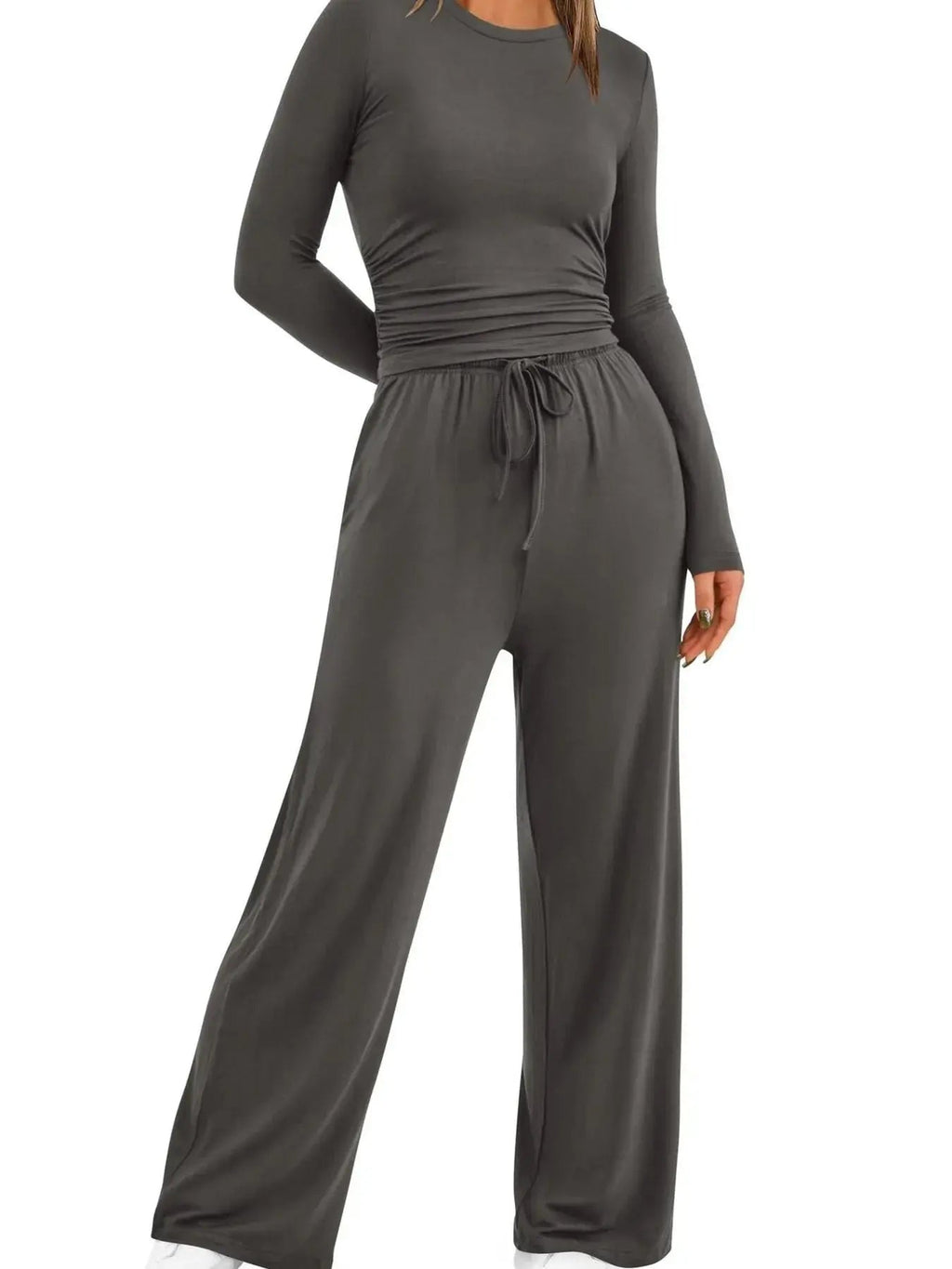 Round Neck Long Sleeve Top and Pants Set - Charmdeals