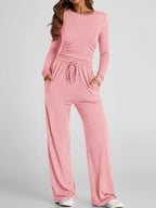 Round Neck Long Sleeve Top and Pants Set - Charmdeals