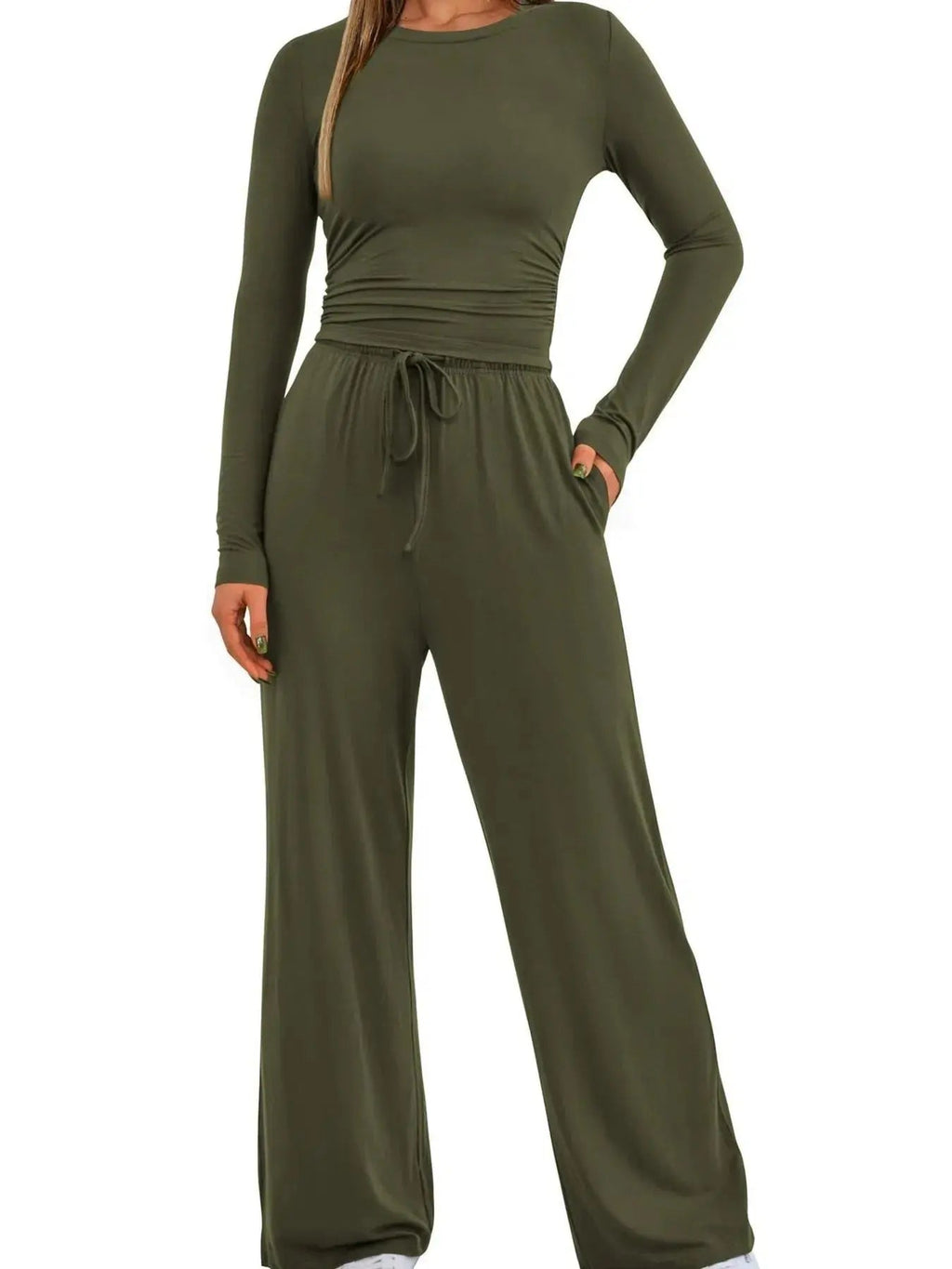 Round Neck Long Sleeve Top and Pants Set - Charmdeals