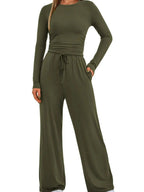 Round Neck Long Sleeve Top and Pants Set - Charmdeals