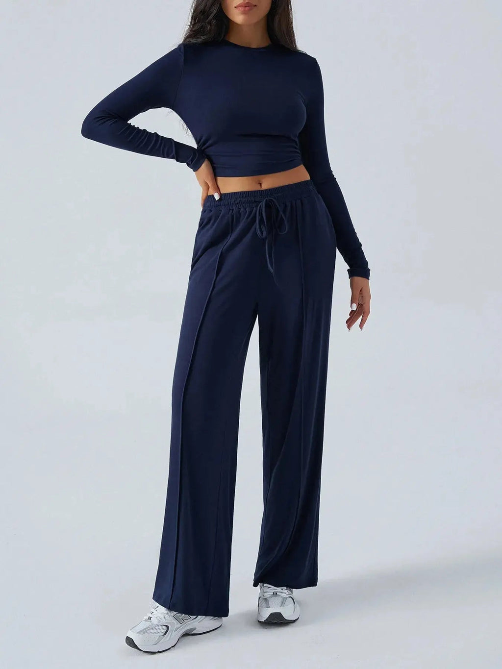 Round Neck Long Sleeve Top and Pants Set - Charmdeals