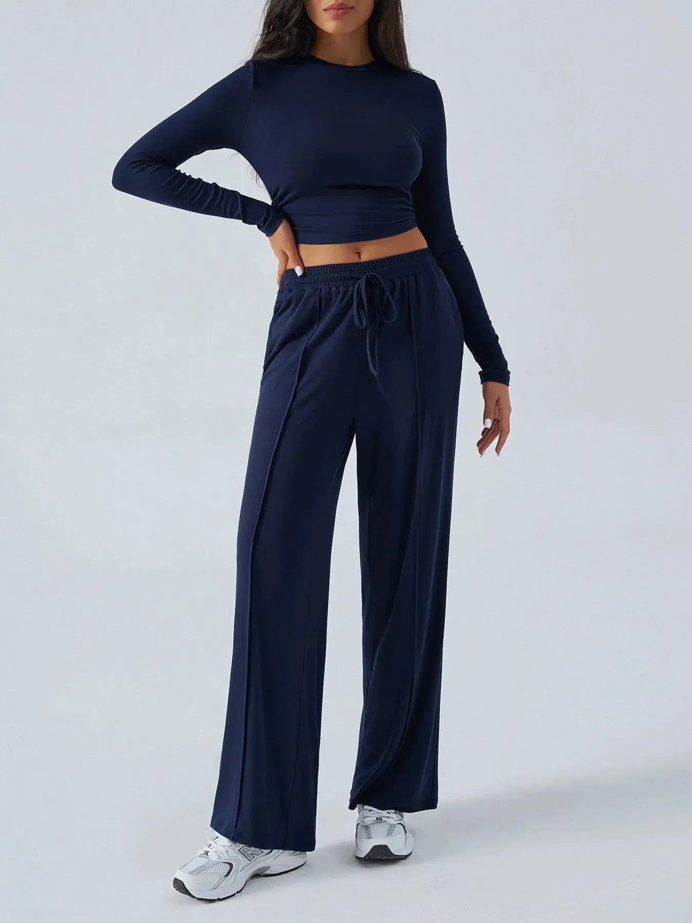 Round Neck Long Sleeve Top and Pants Set - Charmdeals