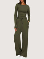 Round Neck Long Sleeve Top and Pants Set - Charmdeals
