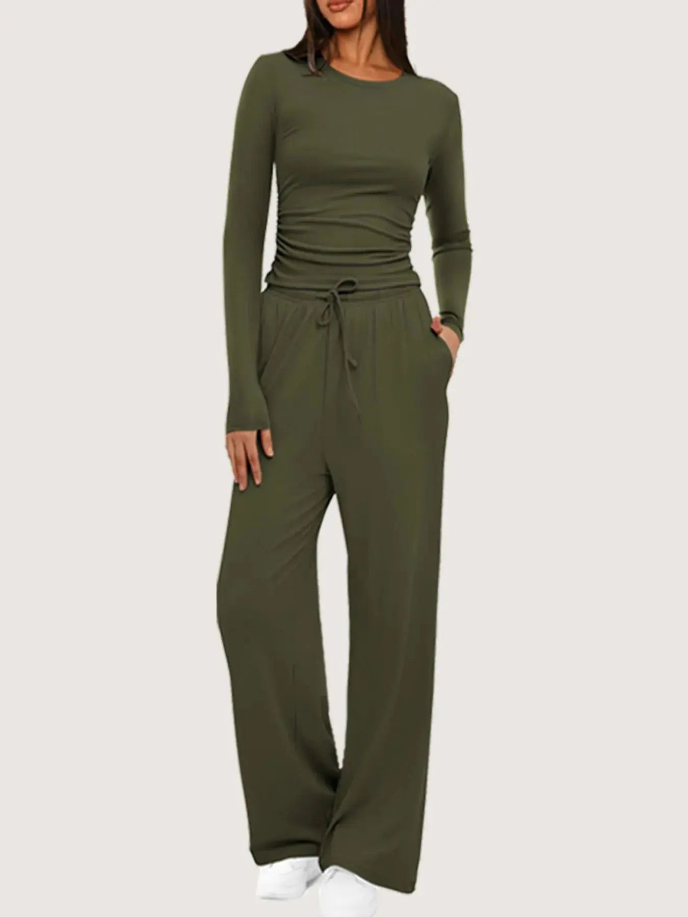 Round Neck Long Sleeve Top and Pants Set - Charmdeals
