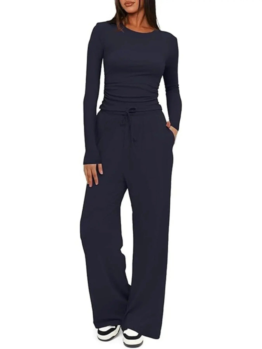 Round Neck Long Sleeve Top and Pants Set - Charmdeals