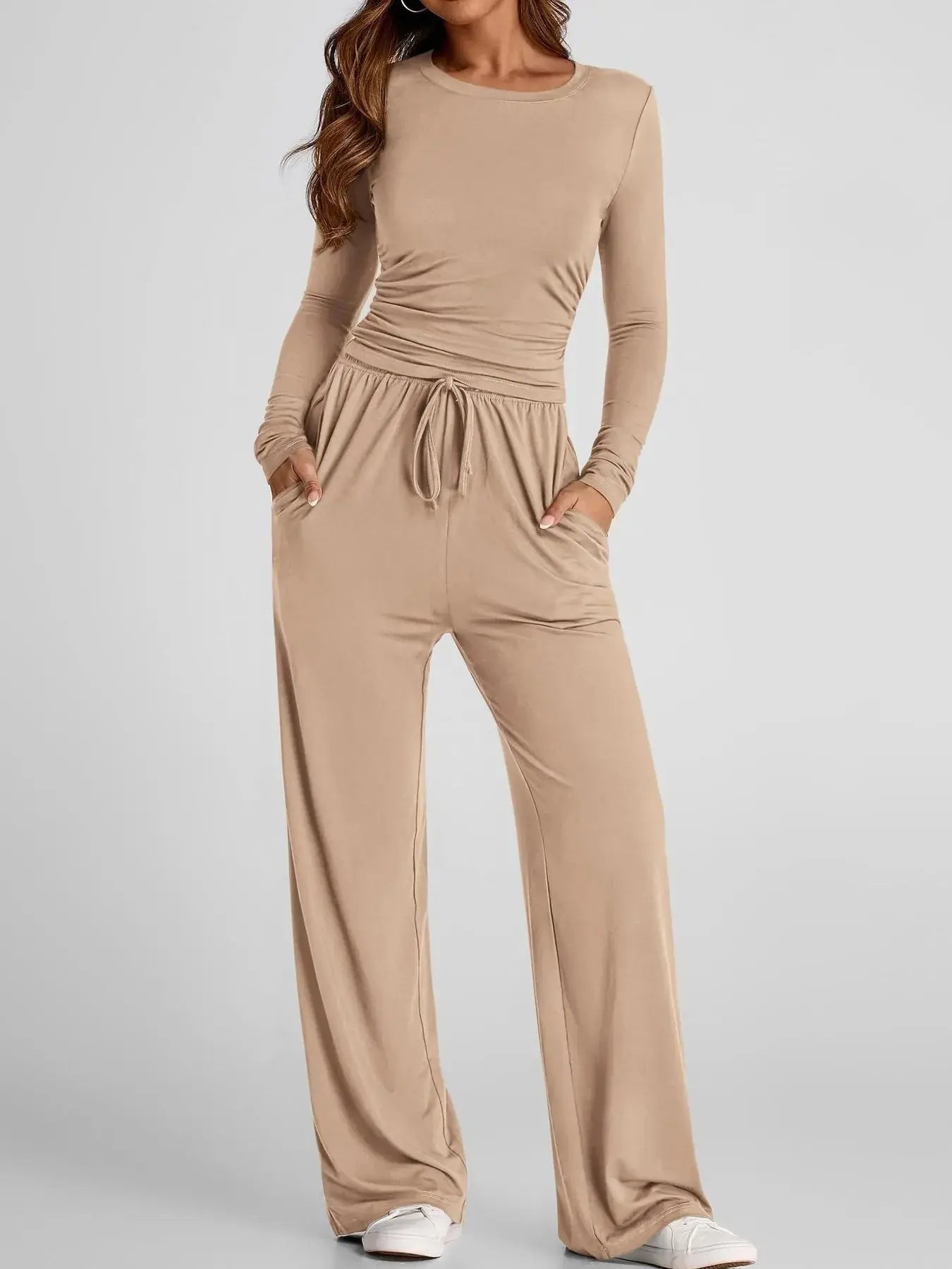 Round Neck Long Sleeve Top and Pants Set - Charmdeals