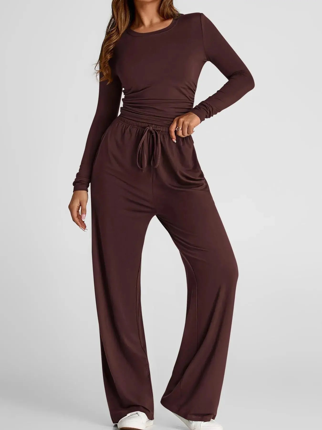 Round Neck Long Sleeve Top and Pants Set - Charmdeals