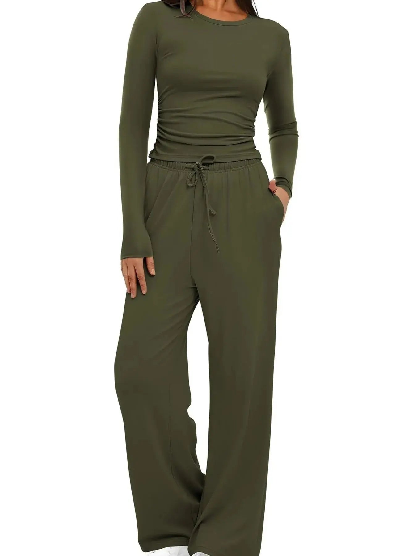 Round Neck Long Sleeve Top and Pants Set - Charmdeals