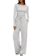 Round Neck Long Sleeve Top and Pants Set - Charmdeals