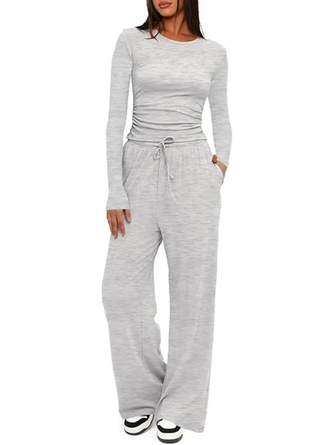 Round Neck Long Sleeve Top and Pants Set - Charmdeals