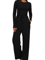 Round Neck Long Sleeve Top and Pants Set - Charmdeals