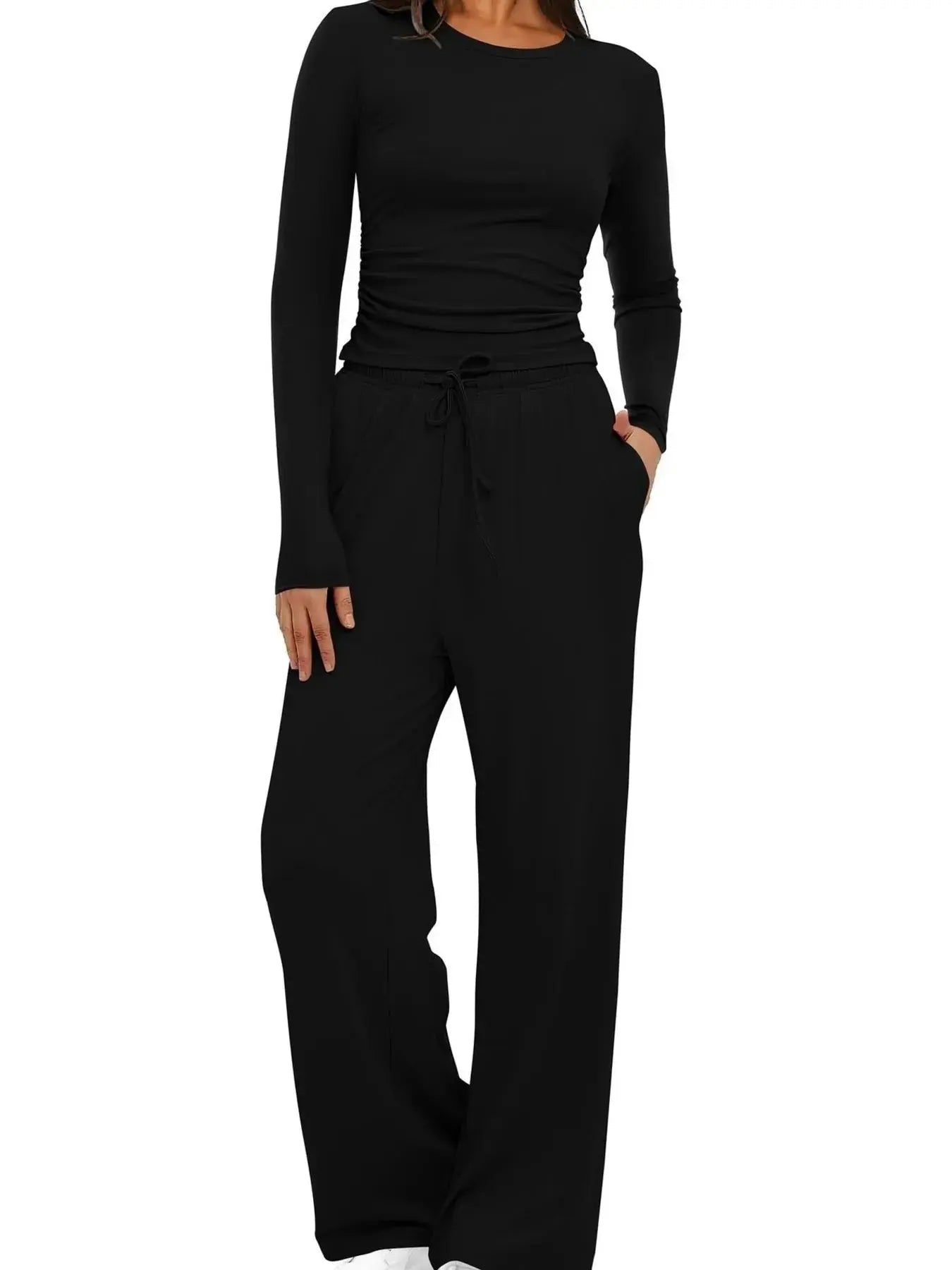 Round Neck Long Sleeve Top and Pants Set - Charmdeals