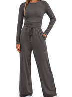 Round Neck Long Sleeve Top and Pants Set - Charmdeals