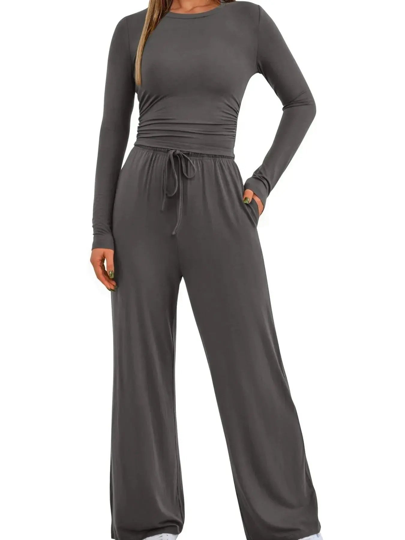 Round Neck Long Sleeve Top and Pants Set - Charmdeals