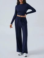 Round Neck Long Sleeve Top and Pants Set - Charmdeals