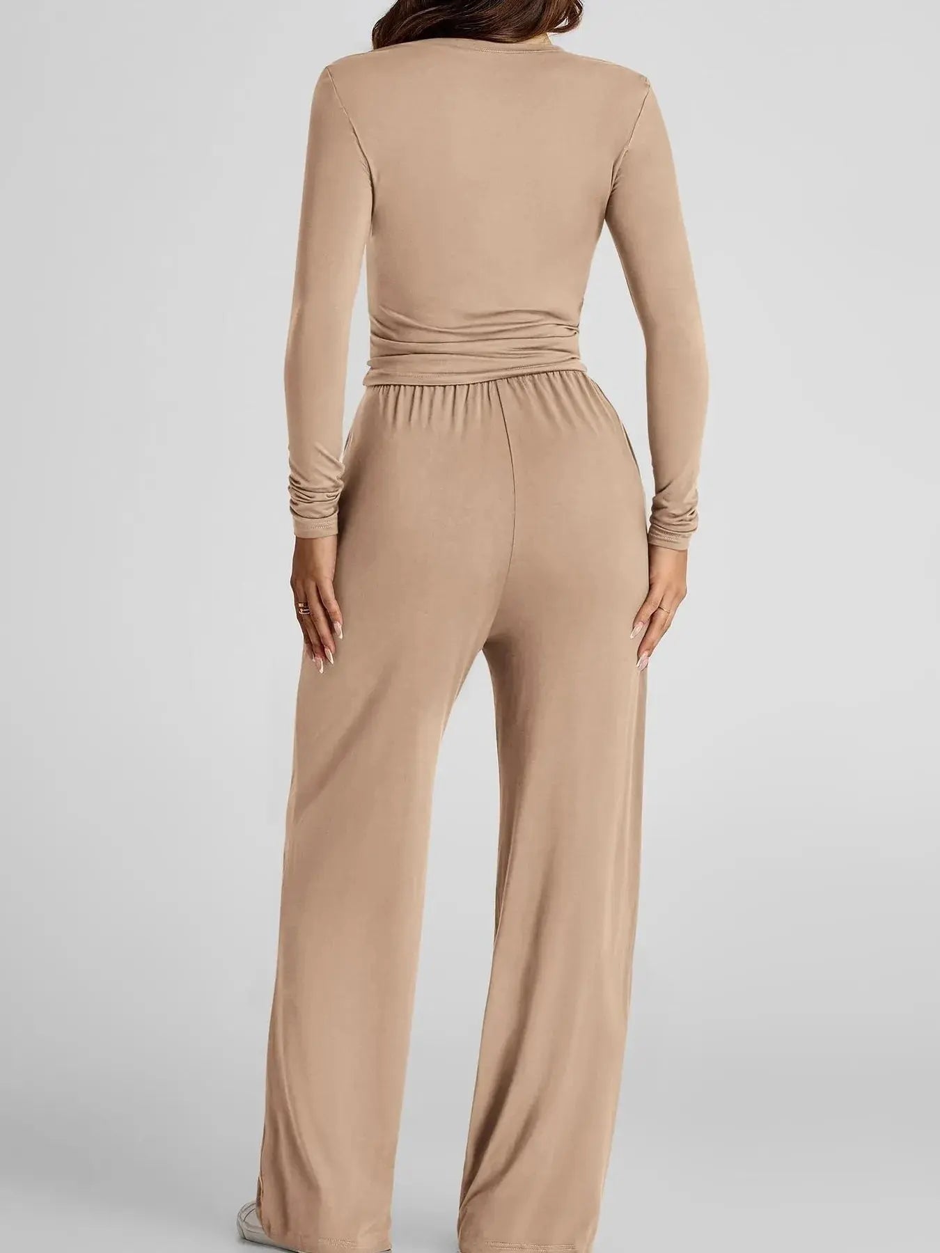 Round Neck Long Sleeve Top and Pants Set - Charmdeals