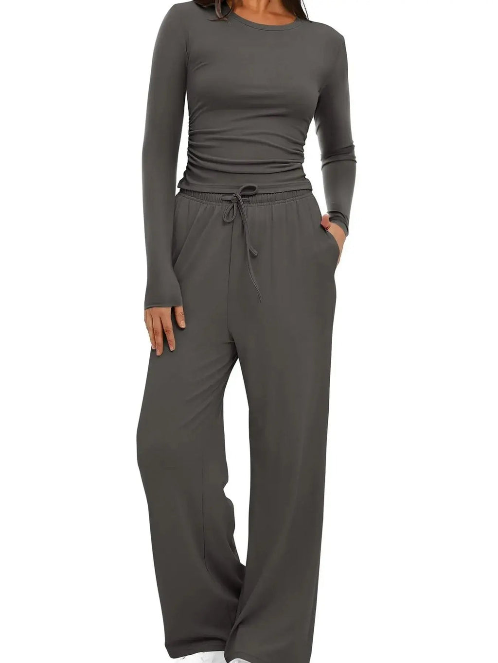 Round Neck Long Sleeve Top and Pants Set - Charmdeals