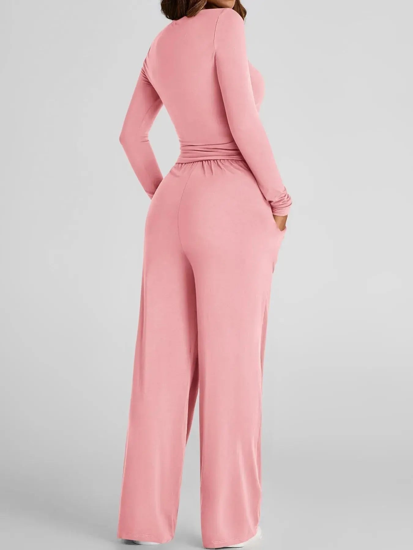 Round Neck Long Sleeve Top and Pants Set - Charmdeals