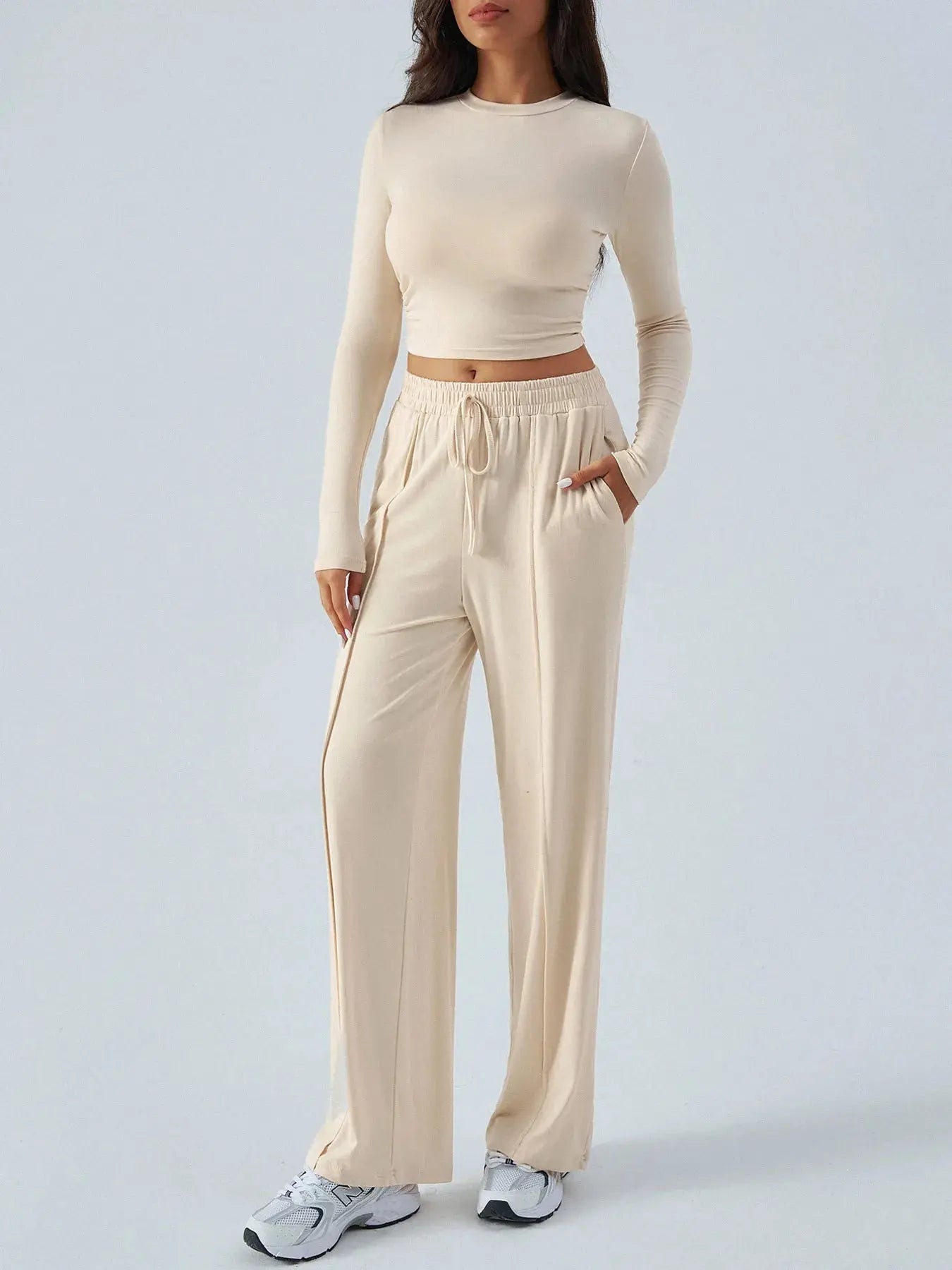Round Neck Long Sleeve Top and Pants Set - Charmdeals