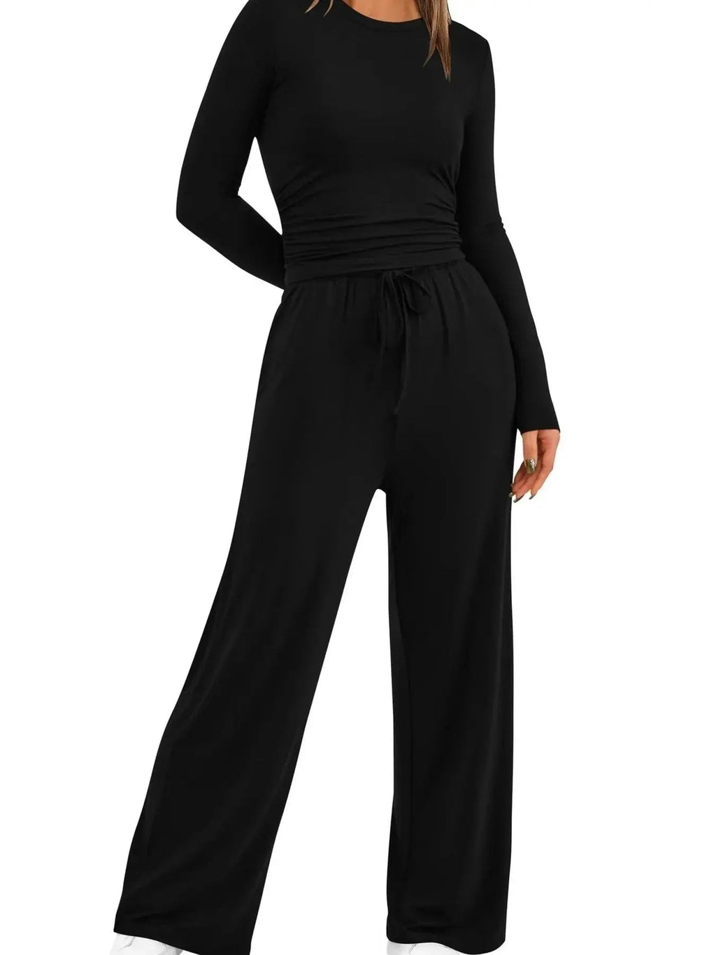 Round Neck Long Sleeve Top and Pants Set - Charmdeals
