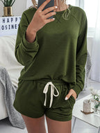 Round Neck Raglan Sleeve Top and Shorts Lounge Set - Charmdeals