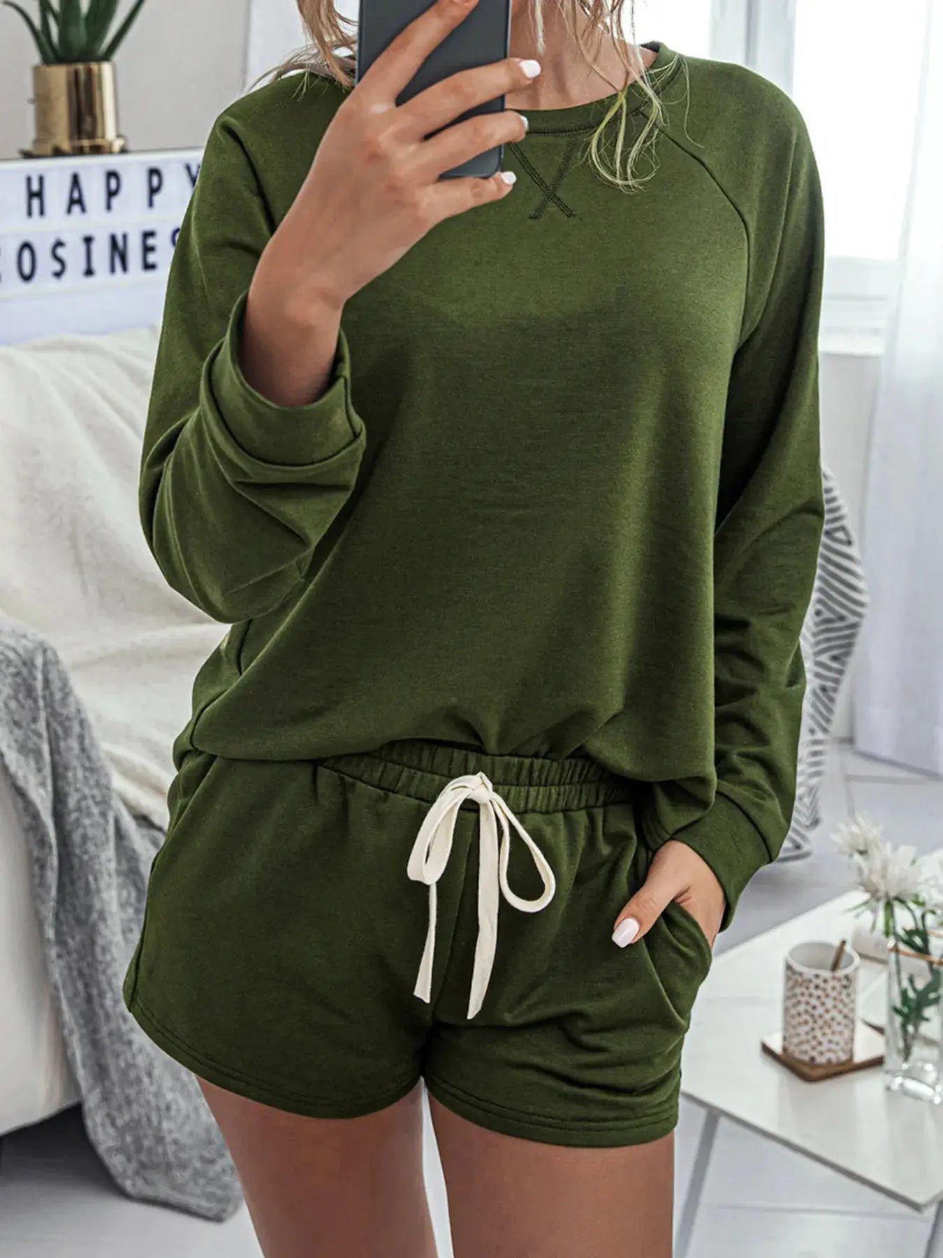 Round Neck Raglan Sleeve Top and Shorts Lounge Set - Charmdeals