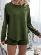 Round Neck Raglan Sleeve Top and Shorts Lounge Set - Charmdeals