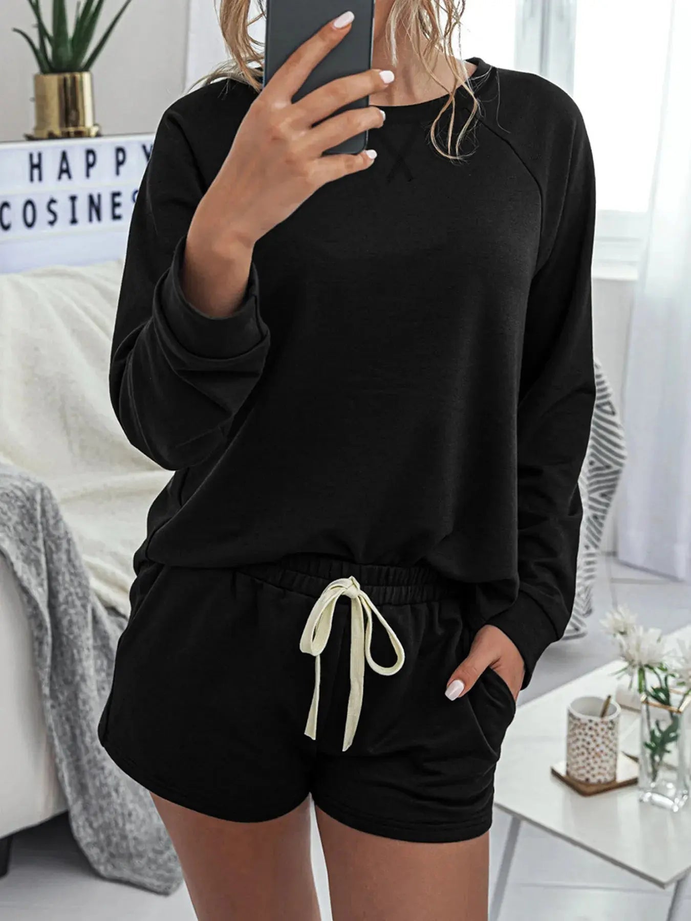 Round Neck Raglan Sleeve Top and Shorts Lounge Set - Charmdeals