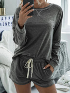Round Neck Raglan Sleeve Top and Shorts Lounge Set - Charmdeals