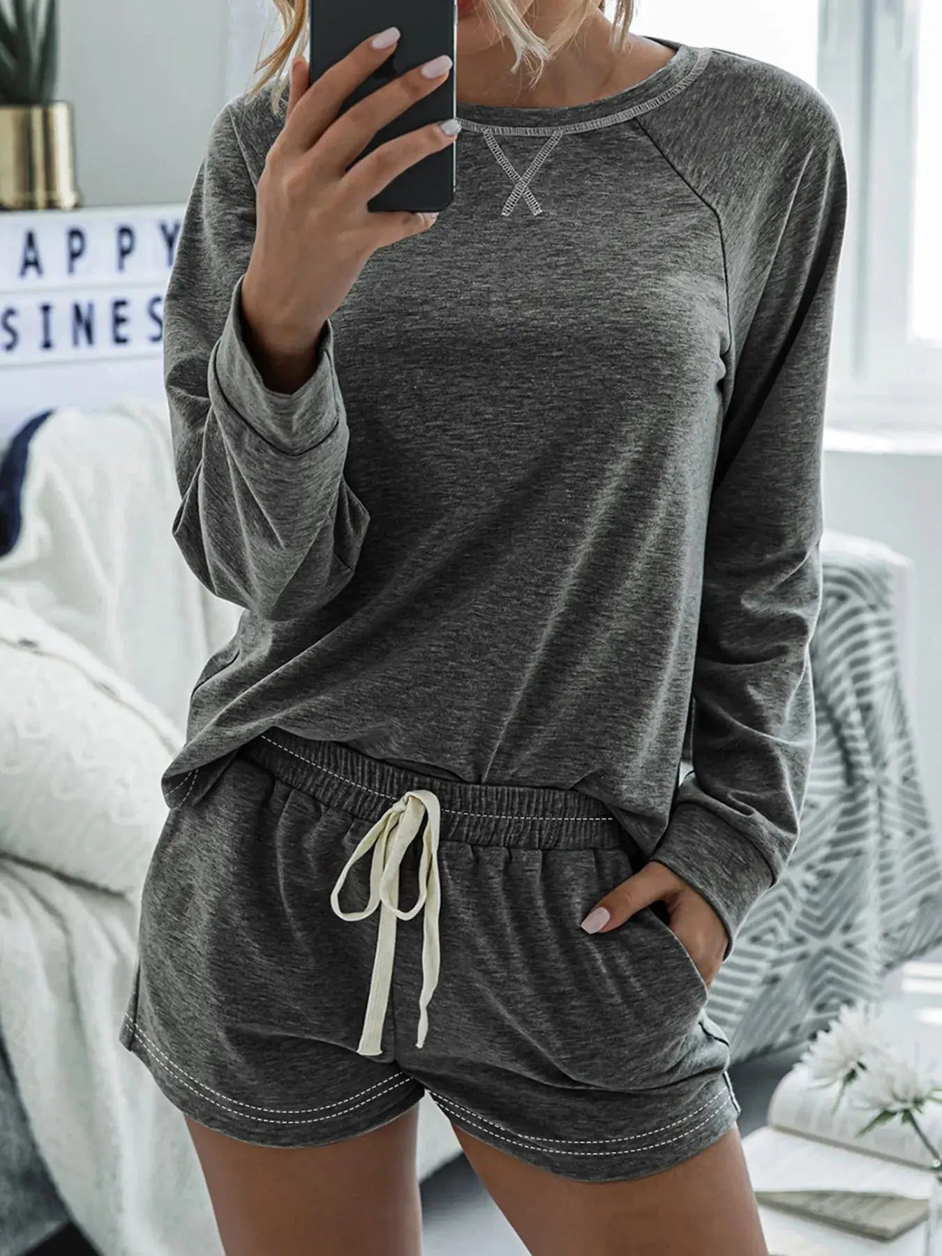 Round Neck Raglan Sleeve Top and Shorts Lounge Set - Charmdeals