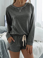 Round Neck Raglan Sleeve Top and Shorts Lounge Set - Charmdeals