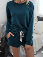 Round Neck Raglan Sleeve Top and Shorts Lounge Set - Charmdeals