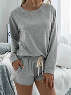 Round Neck Raglan Sleeve Top and Shorts Lounge Set - Charmdeals